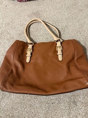 Michael Kors Pebbled Leather Satchel in Cognac with Cream Handles